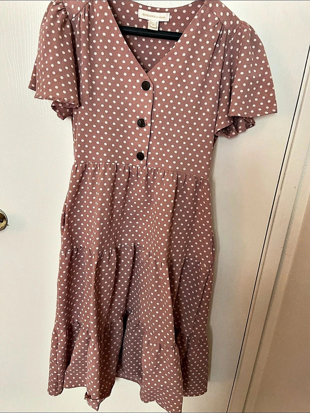 Monteau Los Angeles Polka Dot Button Front Tiered Midi Dress Pink & White Medium